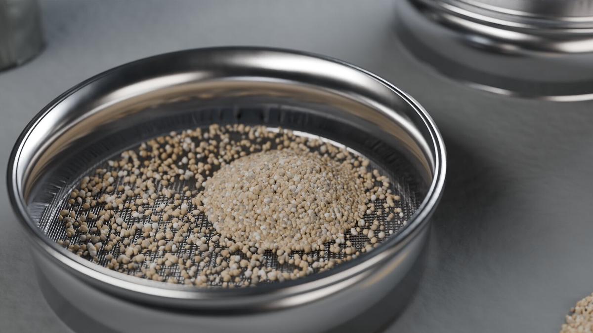Setaccio di prova in acciaio inox con granelli di sabbia trattenuti sulla rete e altri setacci sullo sfondo